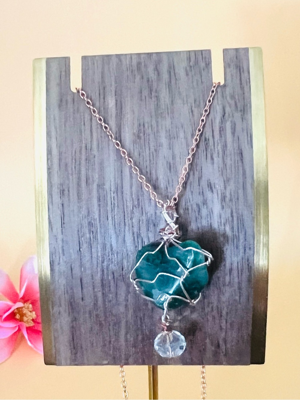 Rose gold plated wire wrapped natural green stone pendant
